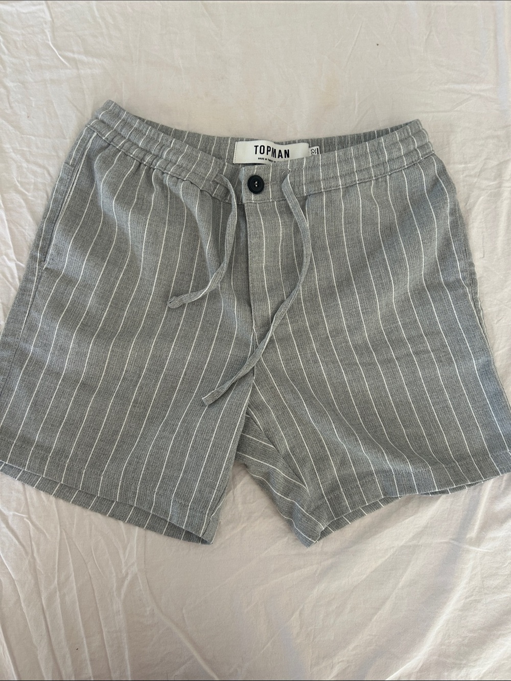 Topman Gray Pinstripe Drawstring Linen-Blend Shorts